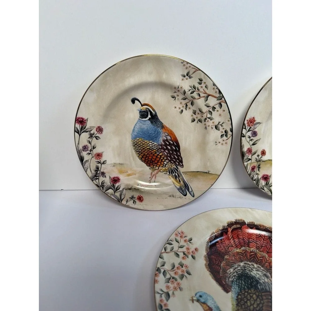 Pottery Barn Fresco‎ Birds Salad Plates - Set of 3 (Turkey, Pheasant, Quail)